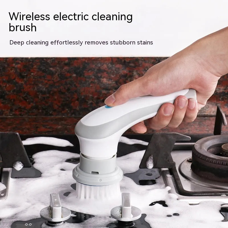 Cordless electric spin scrubber cleaning tool with four brush heads on storage bracket
