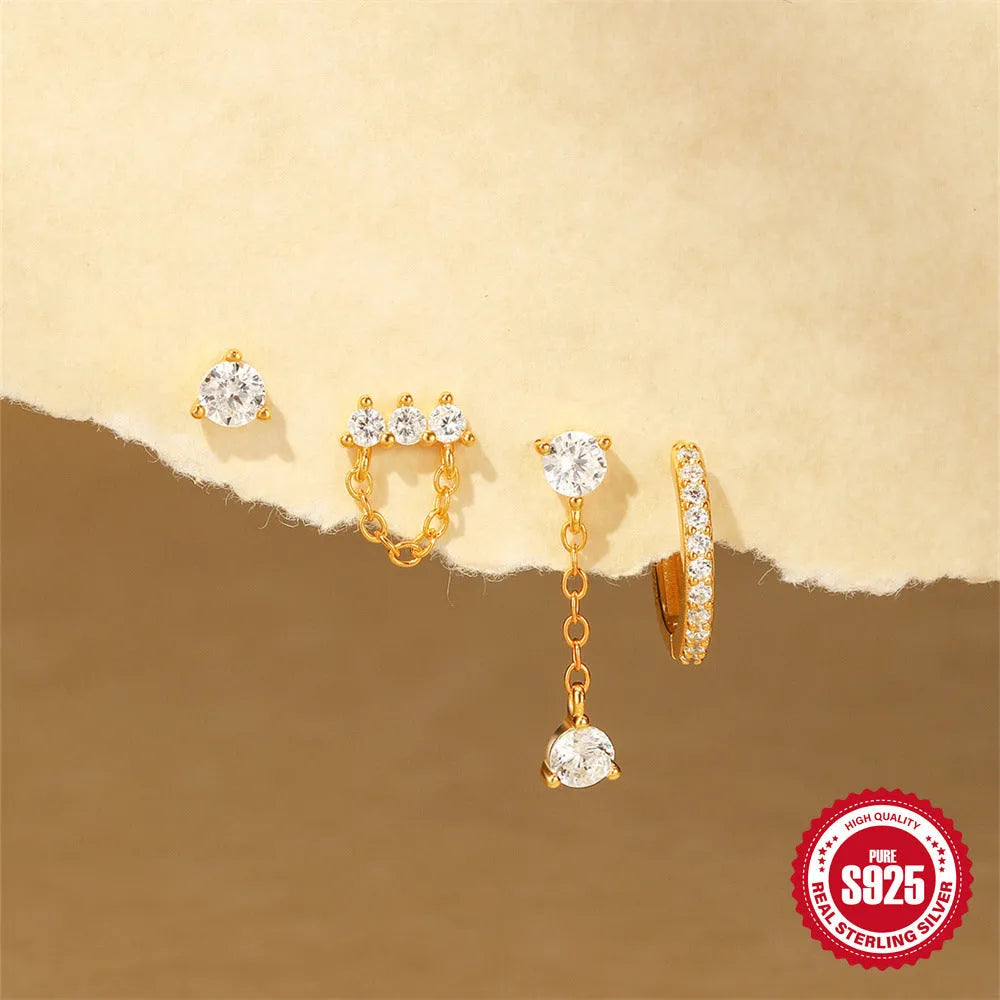S925 sterling silver geometric clover petal earrings with gold electroplated finish, showing front and side views