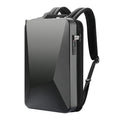 Men's hard-shell lockable gaming backpack in black or silver with frosted finish and multiple internal pockets