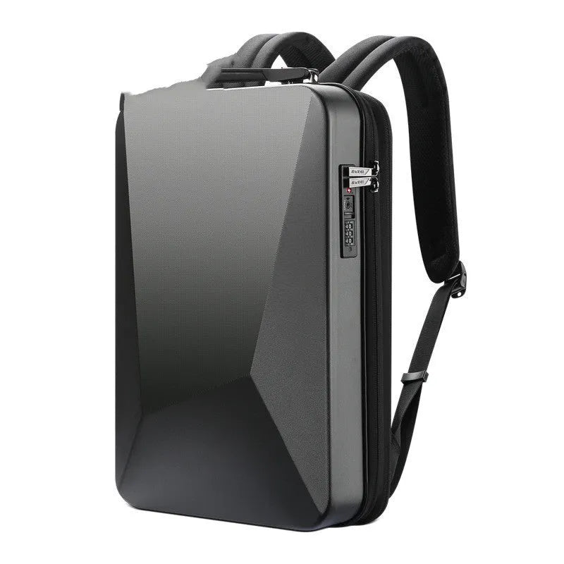 Men's hard-shell lockable gaming backpack in black or silver with frosted finish and multiple internal pockets