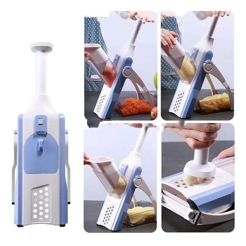 White and blue multifunctional vegetable slicer with stainless steel blades on kitchen counter