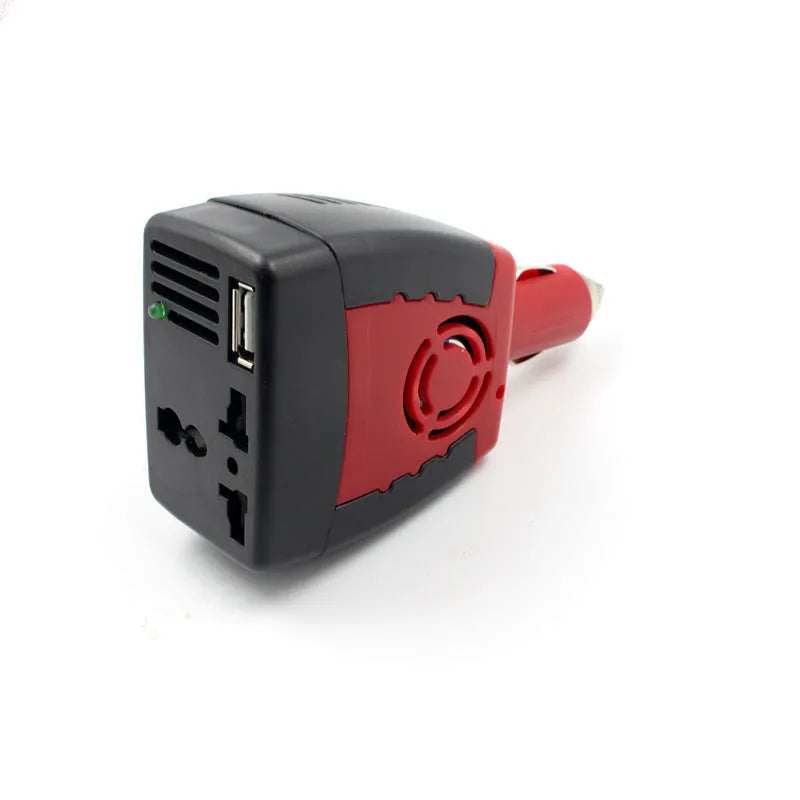 Black and red 150W car power inverter with AC and USB outputs for vehicle use