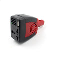 Black and red 150W car power inverter with AC and USB outputs for vehicle use