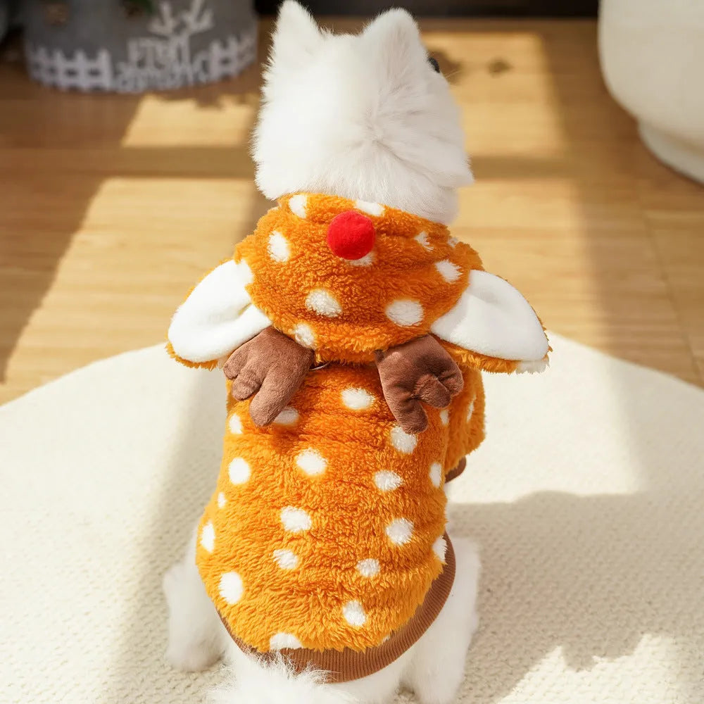 Small dog wearing elk antler Christmas costume with fleece lining and festive design