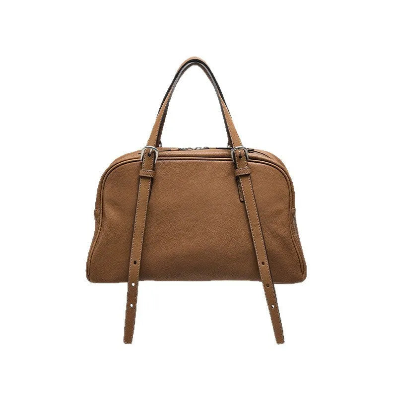 Women's retro genuine leather shoulder bag with double straps and sandwich pocket design in horizontal square shape