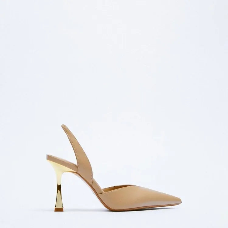 Women's pointed high heels in patent leather with shallow mouth design, available in black and apricot colours