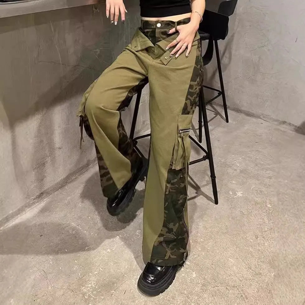Dark khaki leopard print high waist straight leg jeans with contrast colour stitching on a mannequin.