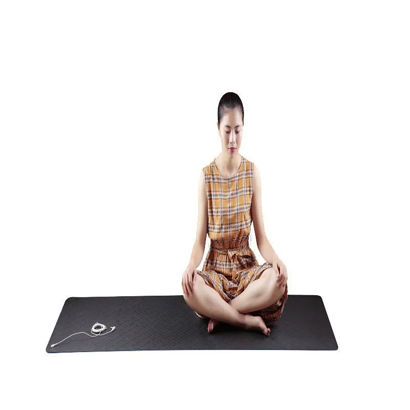 Blue conductive yoga mat with plants pattern, grounding wire, and 182 cm length for tall users