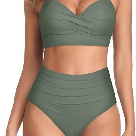 Women's black split bow bikini swimwear with adjustable ties on a mannequin.