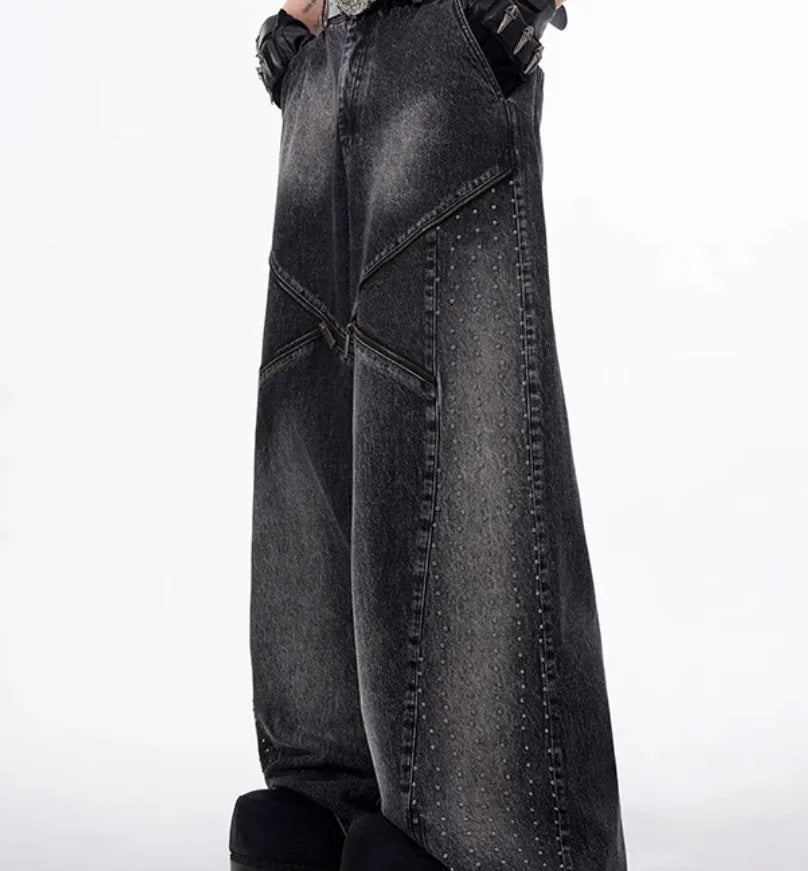 Women's black and grey washed denim wide leg pants with matching vest in Korean style