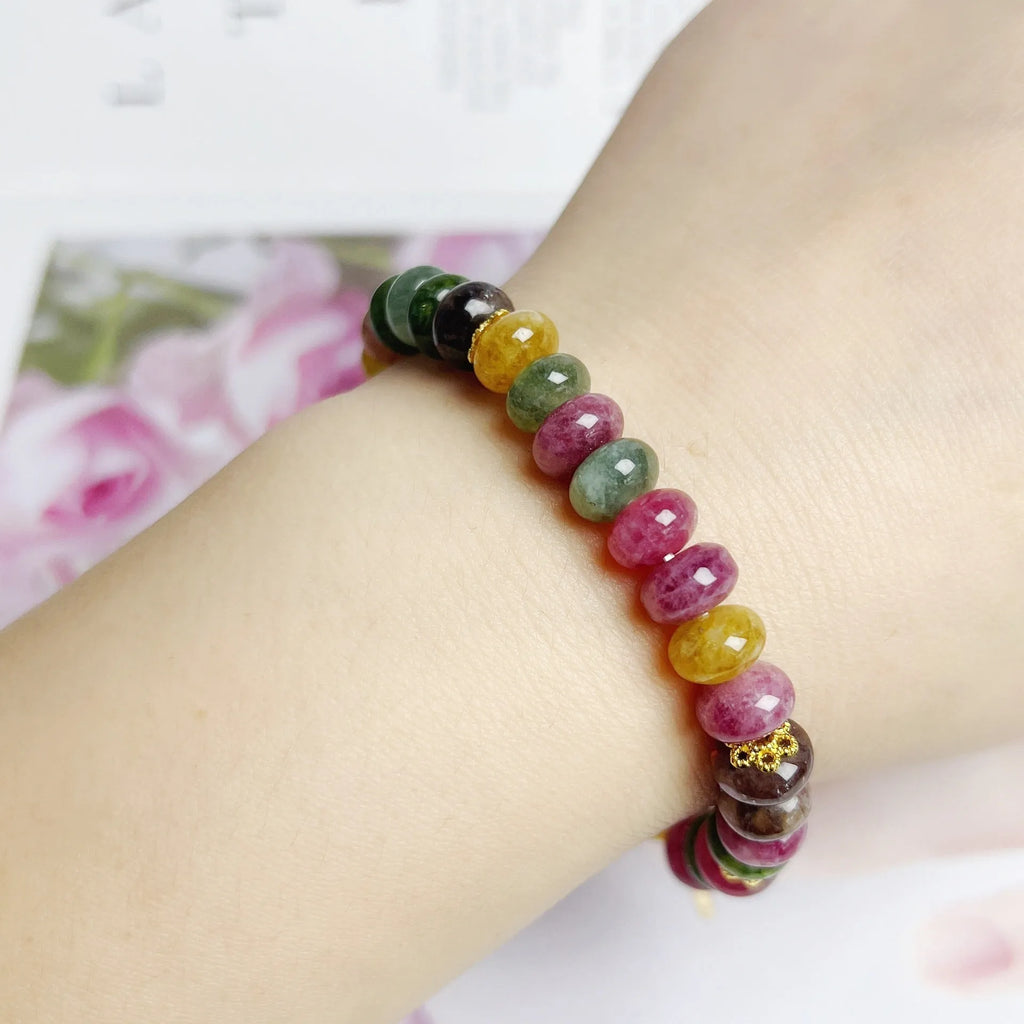 Colourful tourmaline abacus beads women's bracelet with artificial crystal construction
