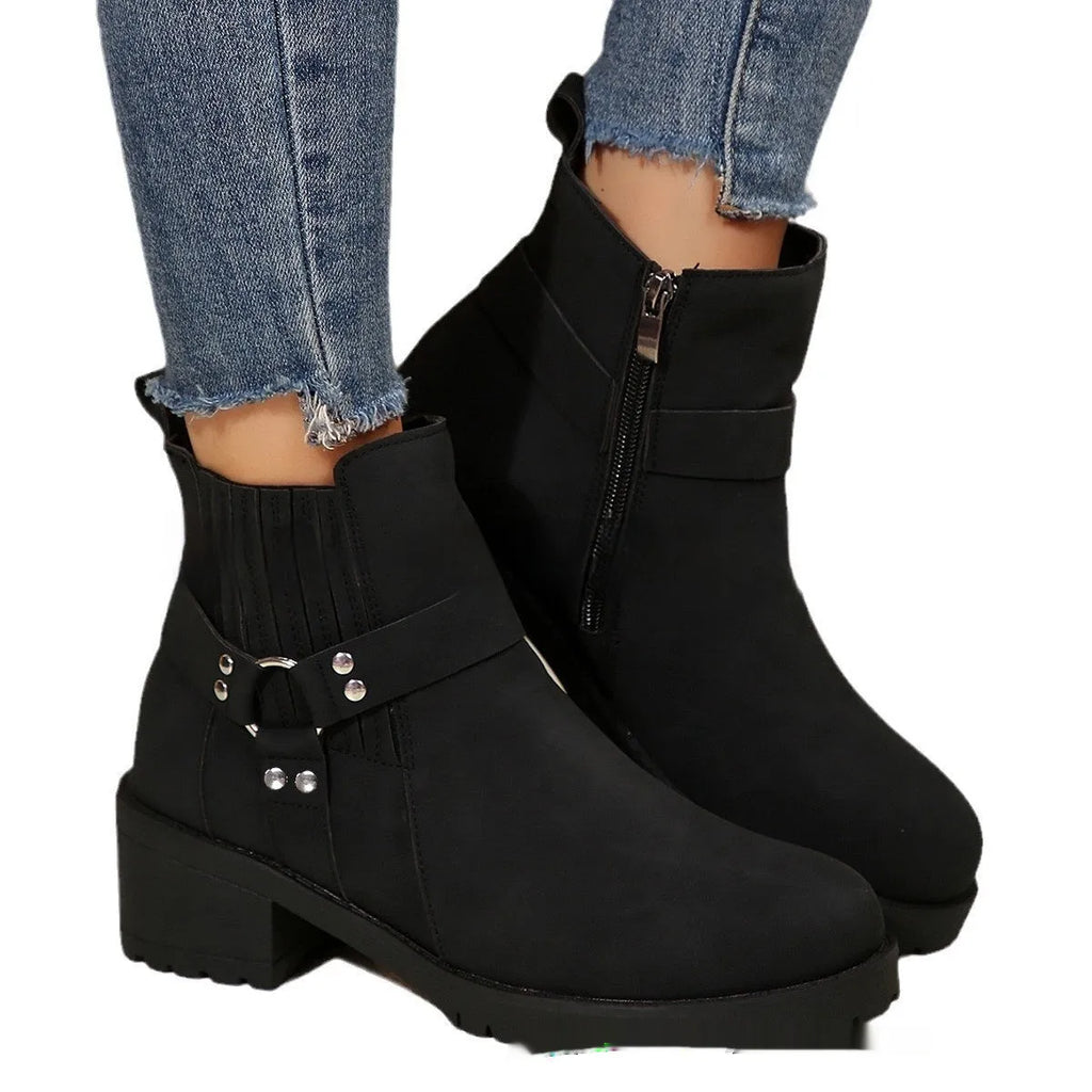 Women's ankle boots with belt buckle and elastic band, artificial PU, sizes 36-43, multiple colours