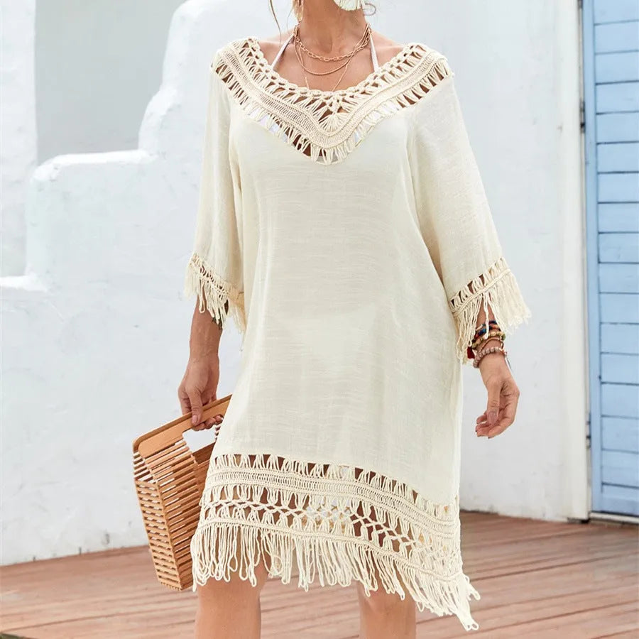 Women's apricot crocheted patchwork beach dress with mid-length skirt and half sleeves, free-size fit