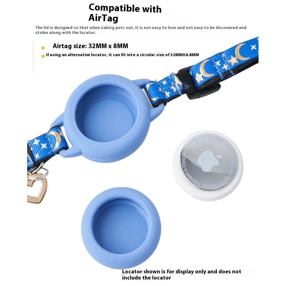Adjustable AirTag cat collar with plastic protective case in black, blue, light green, and pink colours