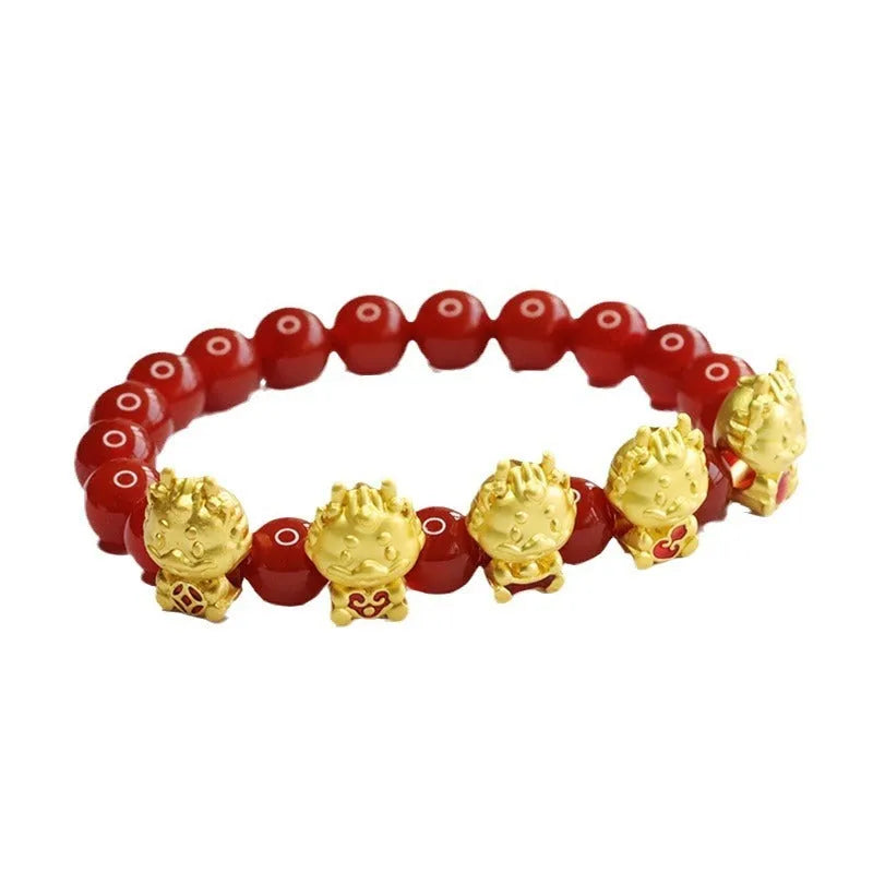 Natural red agate bracelet with carved Five Blessing Dragon motif measuring approximately 8mm diameter