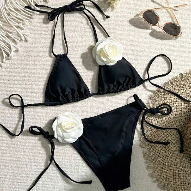 Black three-dimensional flower lace bikini with backless briefs and split design