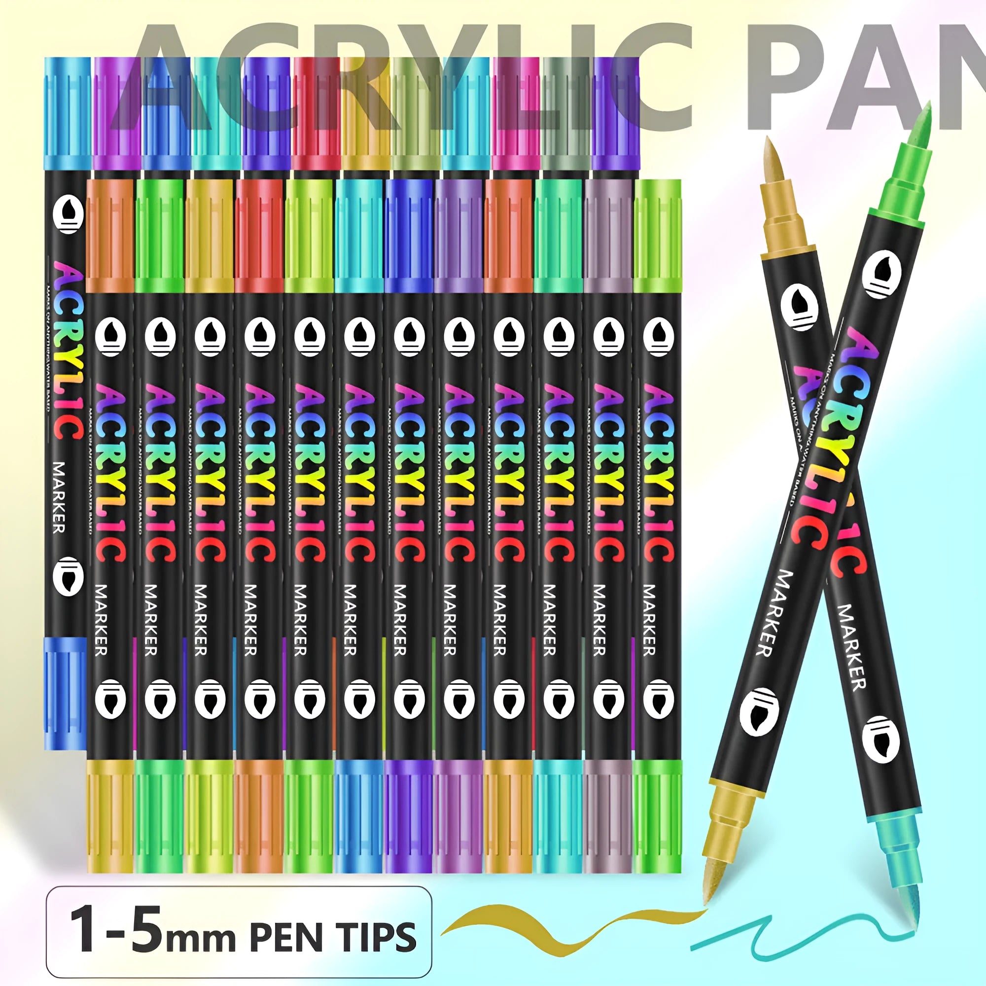 Set of double-headed acrylic marker pens with washable, opaque quick-drying ink in various colours.