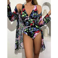 Women's floral tight bikini three-piece suit in green with coat for swimming sports, sizes S M L