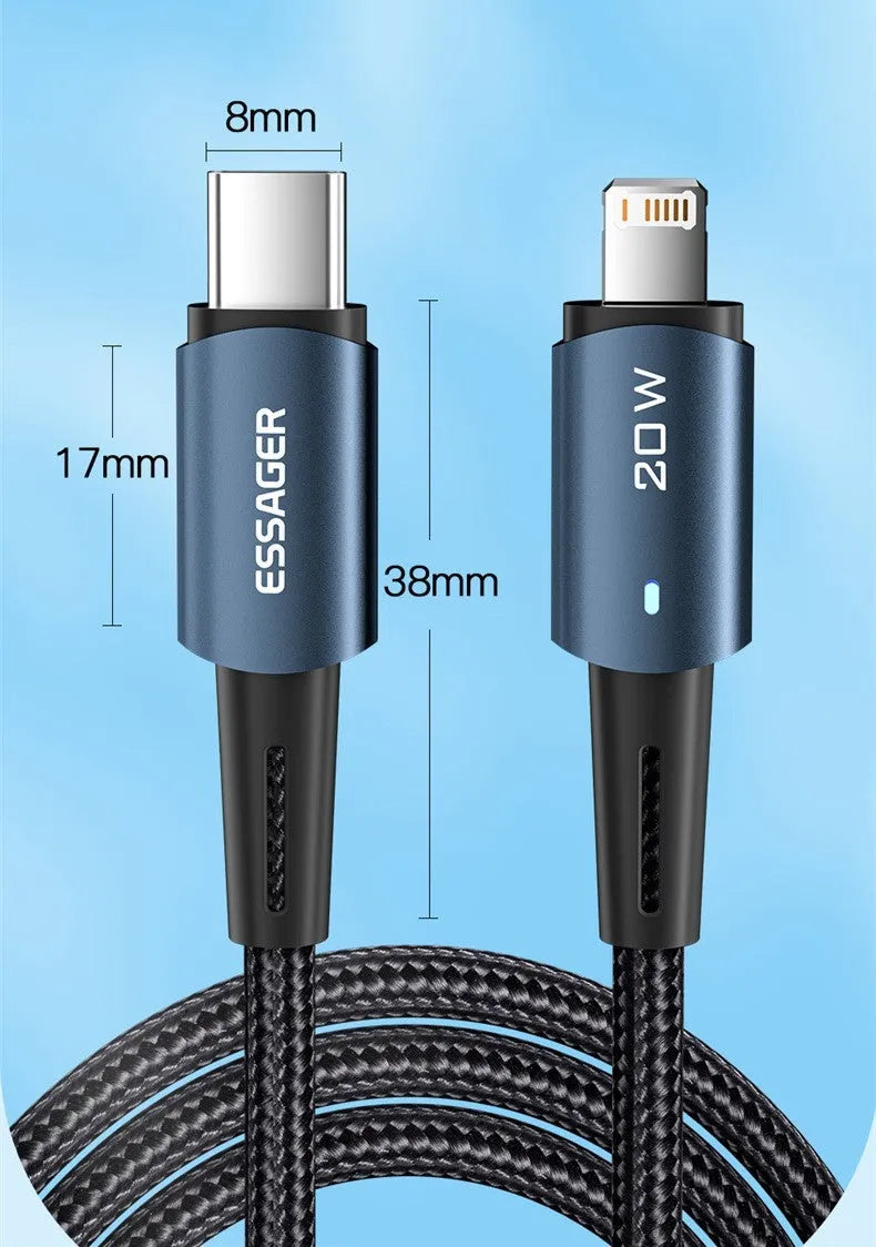 USB-C fast charging cable with aluminium housing and indicator light, shown in black, blue, and coffee colours.