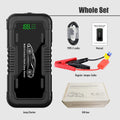 20000mAh car jump starter power supply with LED lighting, Type-C cable, and electric clamp bottles.