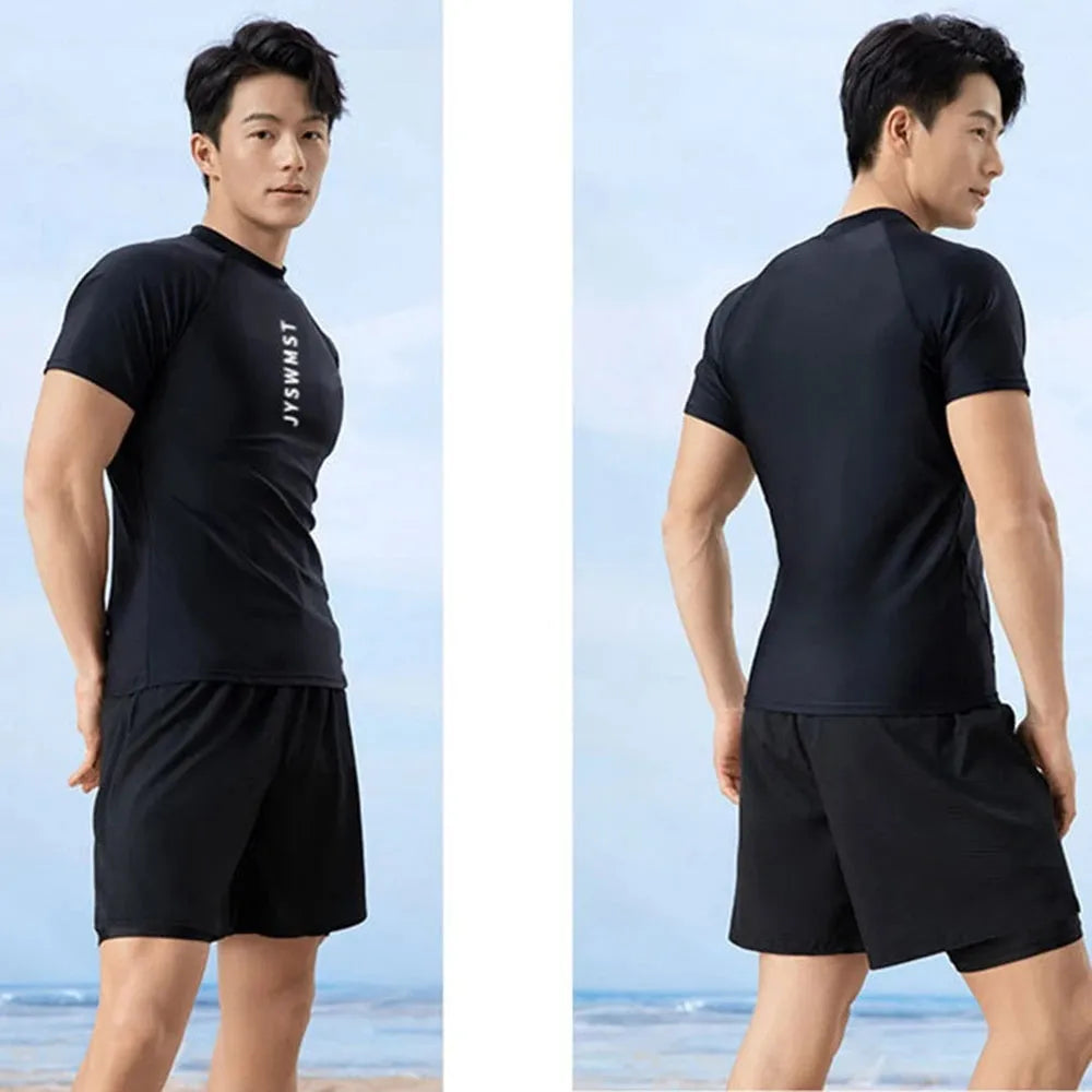 Men's patterned plus size swim shorts set with matching top, shown in multiple colour options.