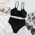 Black women's high waist bikini swimsuit with sling split design showing front view