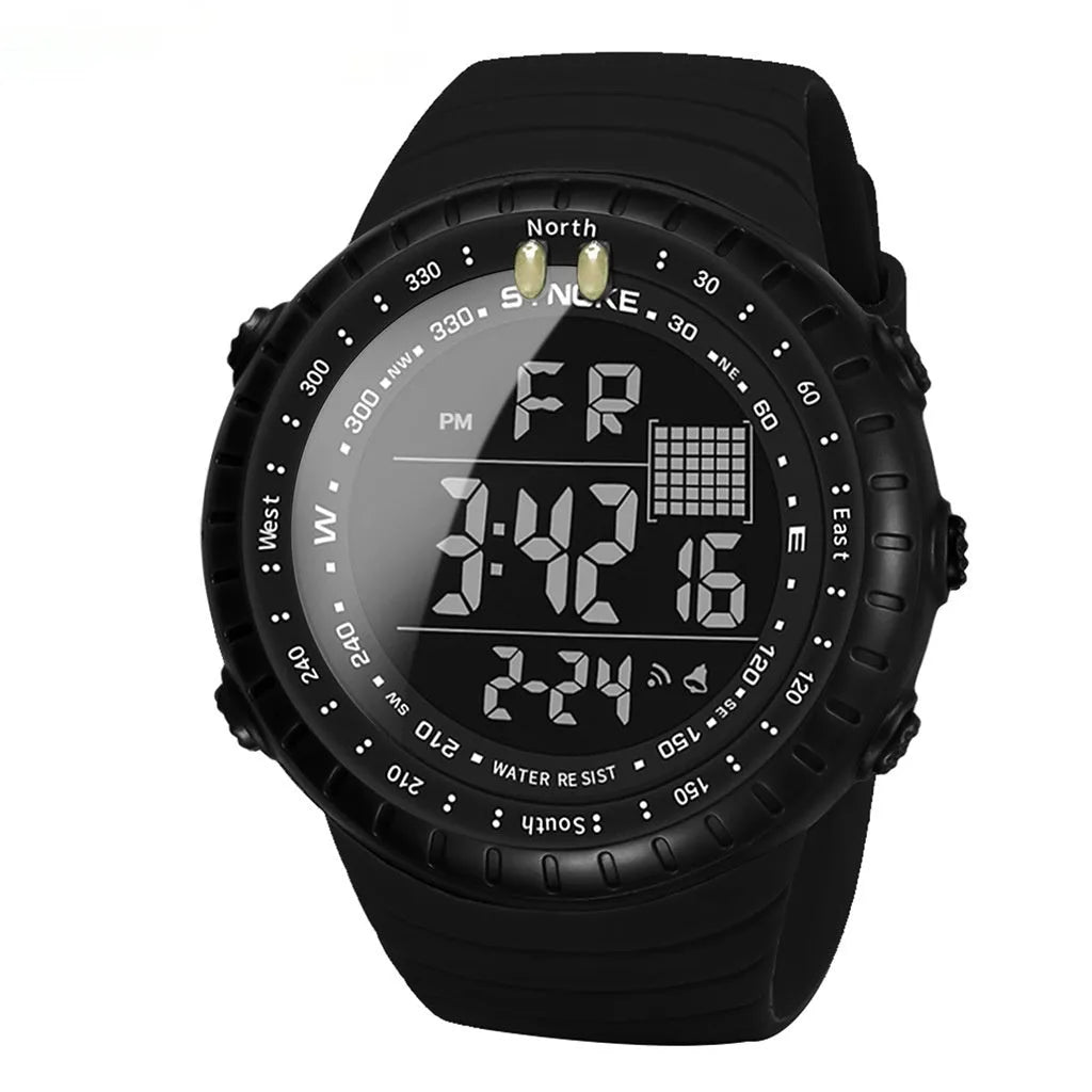 Black waterproof multifunctional outdoor electronic watch for men with large 54.74mm dial and PU strap