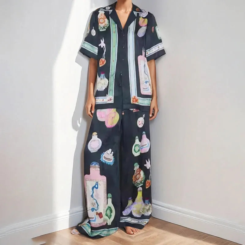 Women's black casual set with cartoon animation pattern, cardigan and trousers in sizes S to 3XL