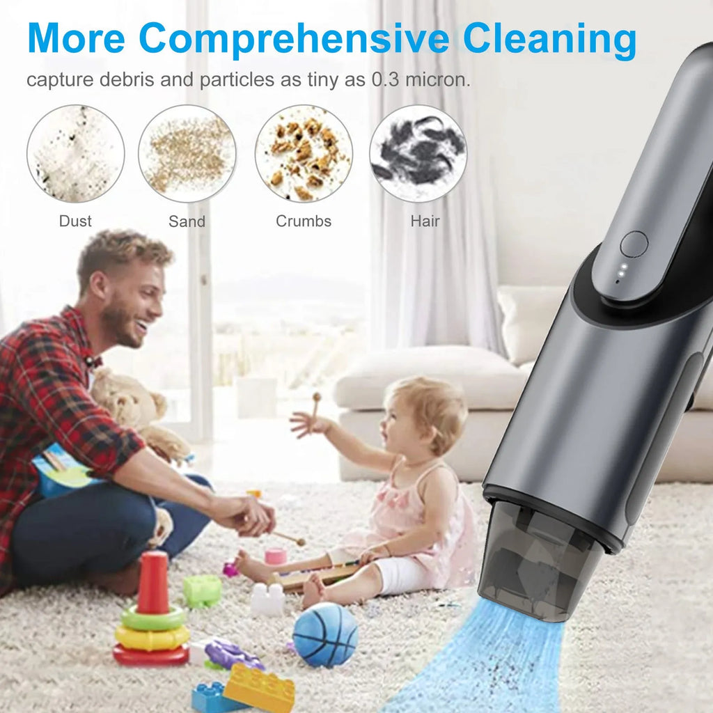 Black portable wireless handheld car vacuum cleaner with brush and flat attachments for vehicle interior cleaning