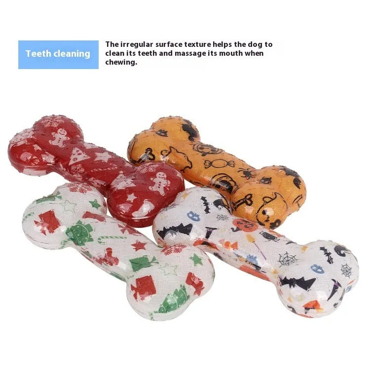 Printed bone-shaped dog chew toy with squeaker in TPR material