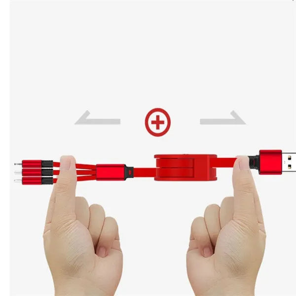 3-in-1 telescopic charging cable with TPE-coated 120cm wire and titanium alloy connectors in multiple colour options