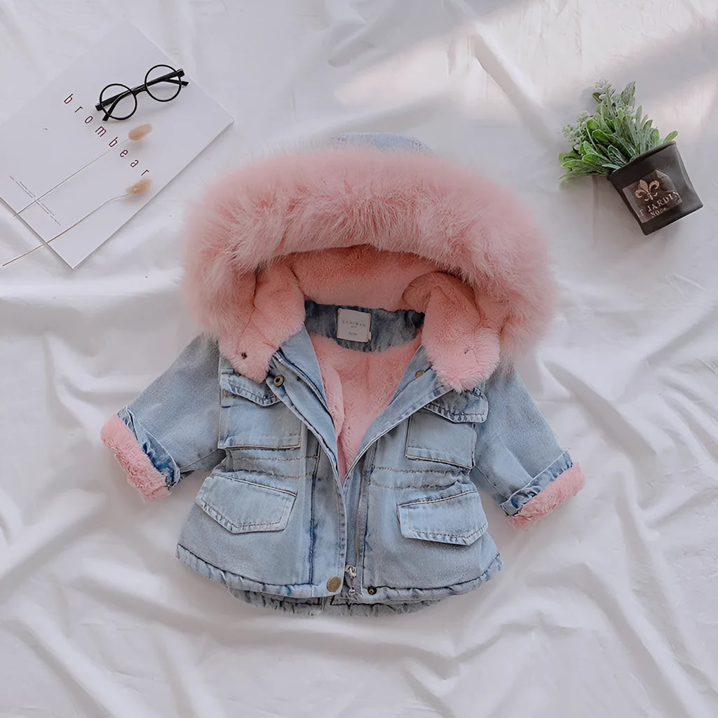 Girls blue denim coat with attached hat and velvet lining for winter wear