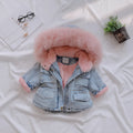 Girls blue denim coat with attached hat and velvet lining for winter wear