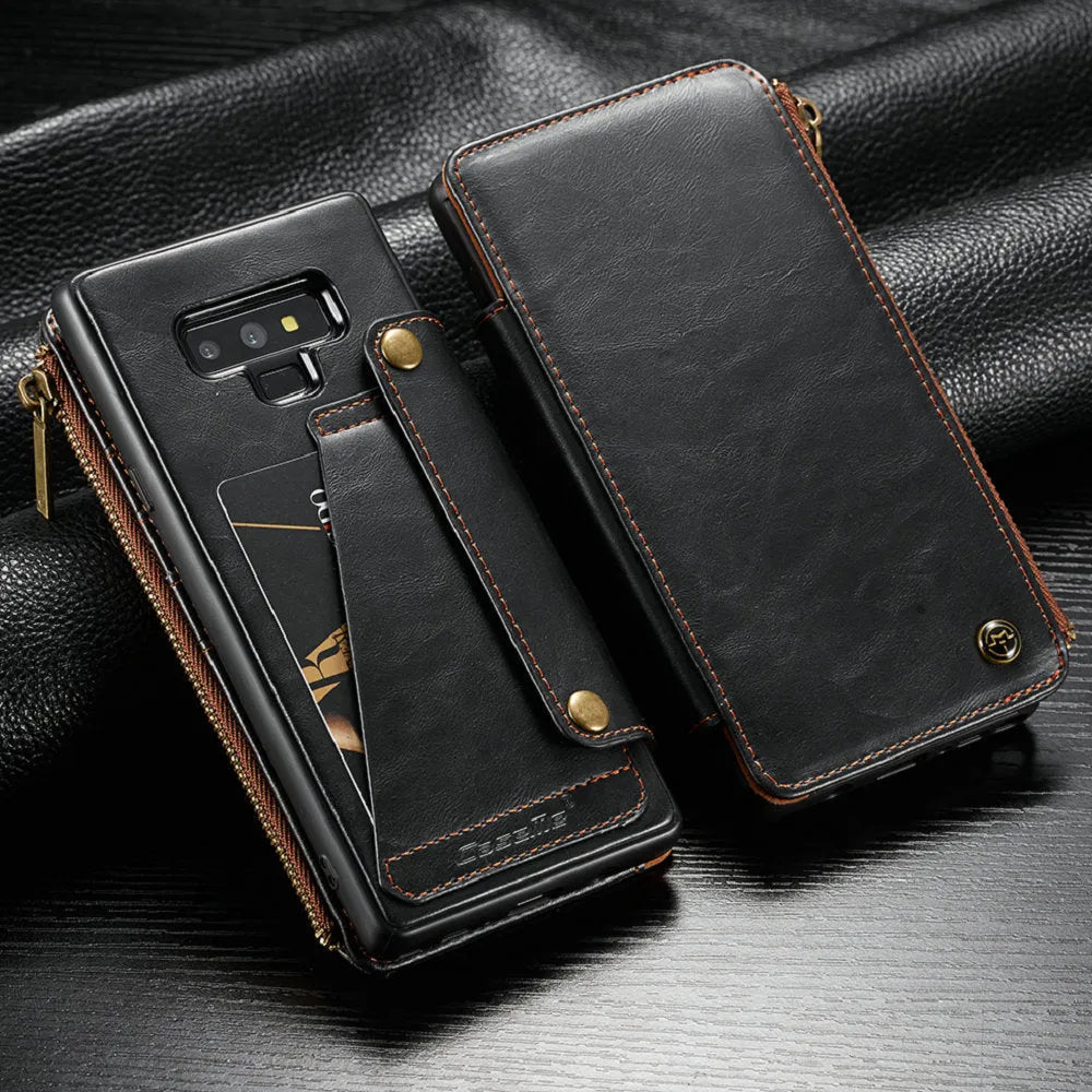 Samsung Note9 leather flip case in black showing PU leather construction and flip design