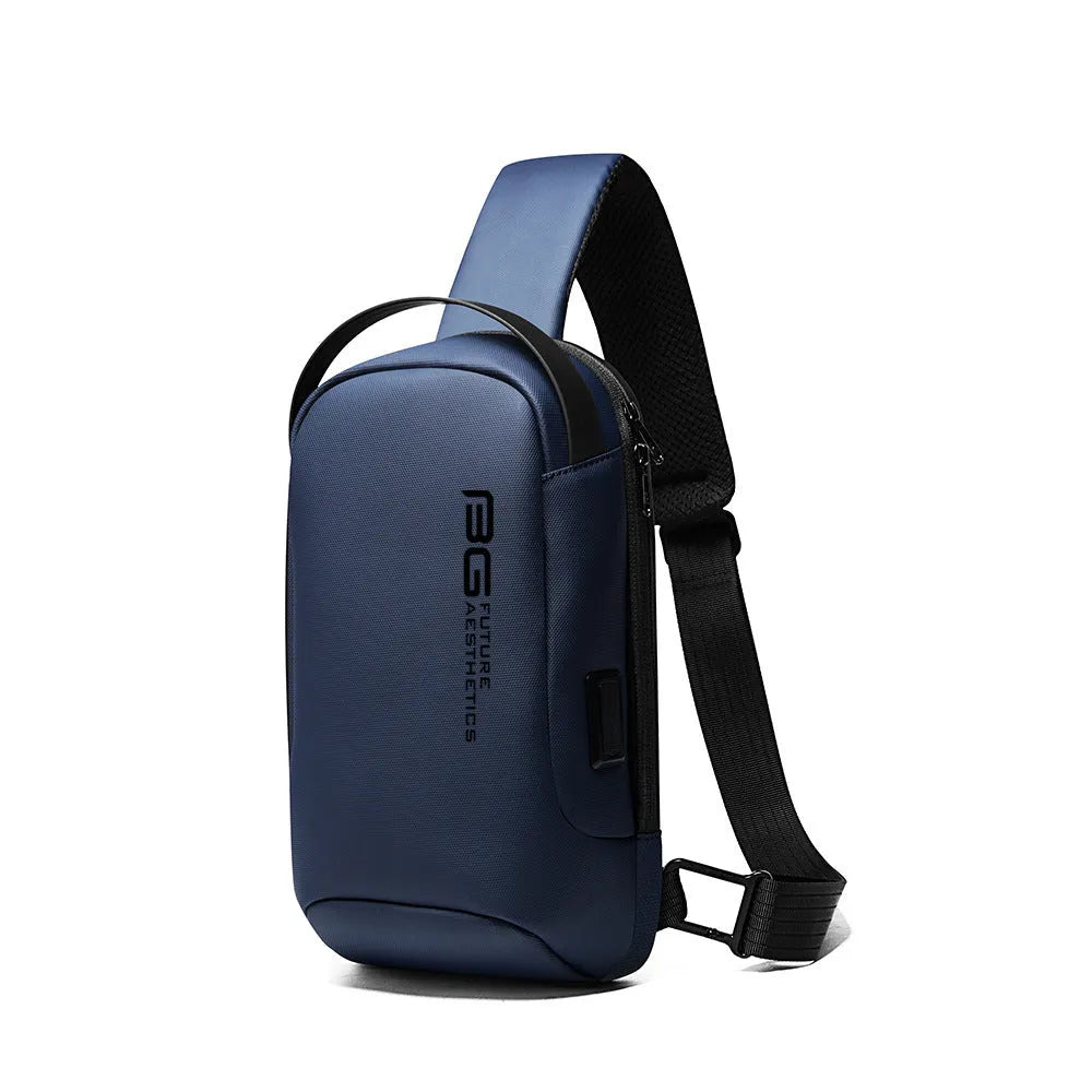 Men's oxford cloth USB shoulder bag for business travel in black colour with letters detailing