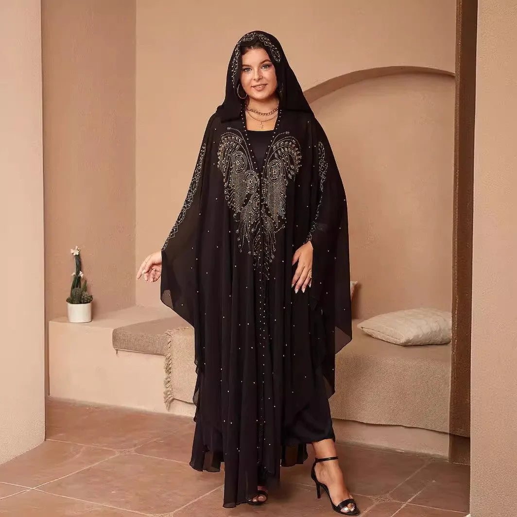 Muslim-style chiffon cape shawl with rhinestone beading in multiple colour options showing 135-175 cm length