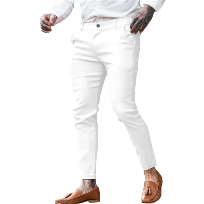 Men's slim fit pencil trousers in stretch cotton twill fabric, shown in a solid colour with a zip fly and mid-waist design.