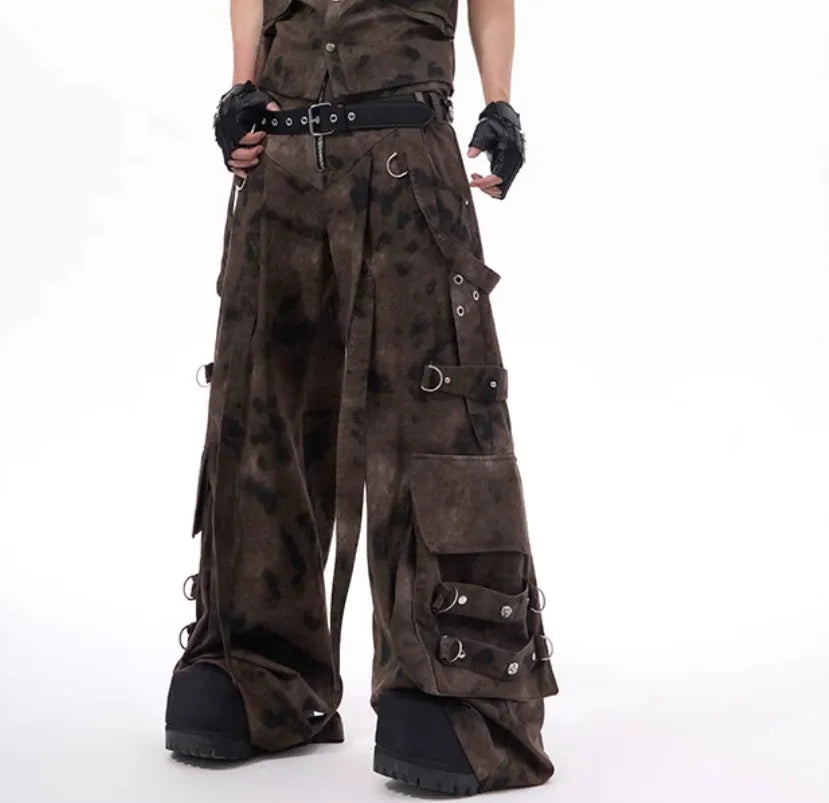 American retro camouflage denim vest and pants set with semi-high collar