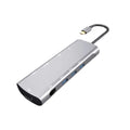 Grey USB-C docking station with HDMI, VGA, USB ports, and 140mm cable for laptop connectivity expansion