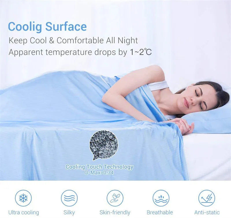 Blue cooling blanket with Japanese Q-Max 0.4 heat-absorbing fibres measuring 180cm wide
