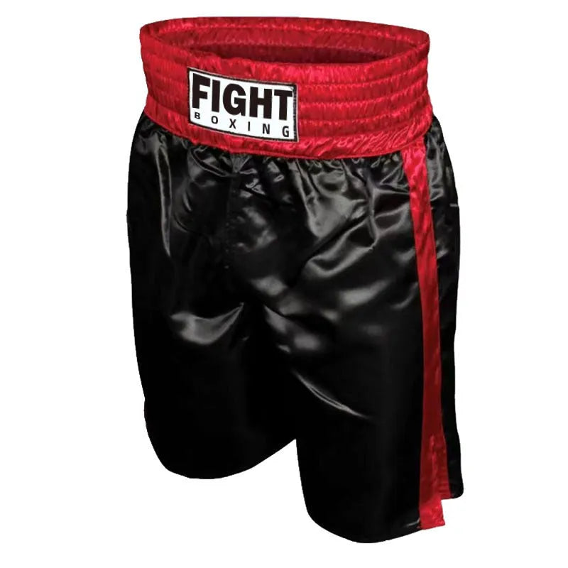 Boxing shorts with elastic waistband and side stripes in black and red colour for kickboxing training
