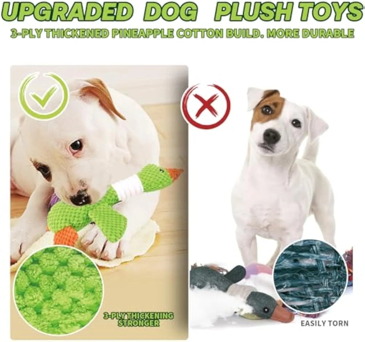 Blue duck-shaped dog plush toy with two squeakers, measuring 33 cm in length, for chewing and play
