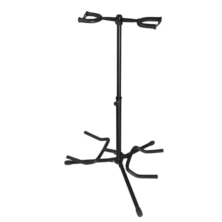 Black iron double-headed adjustable guitar stand holding two guitars with 360-degree rotating heads