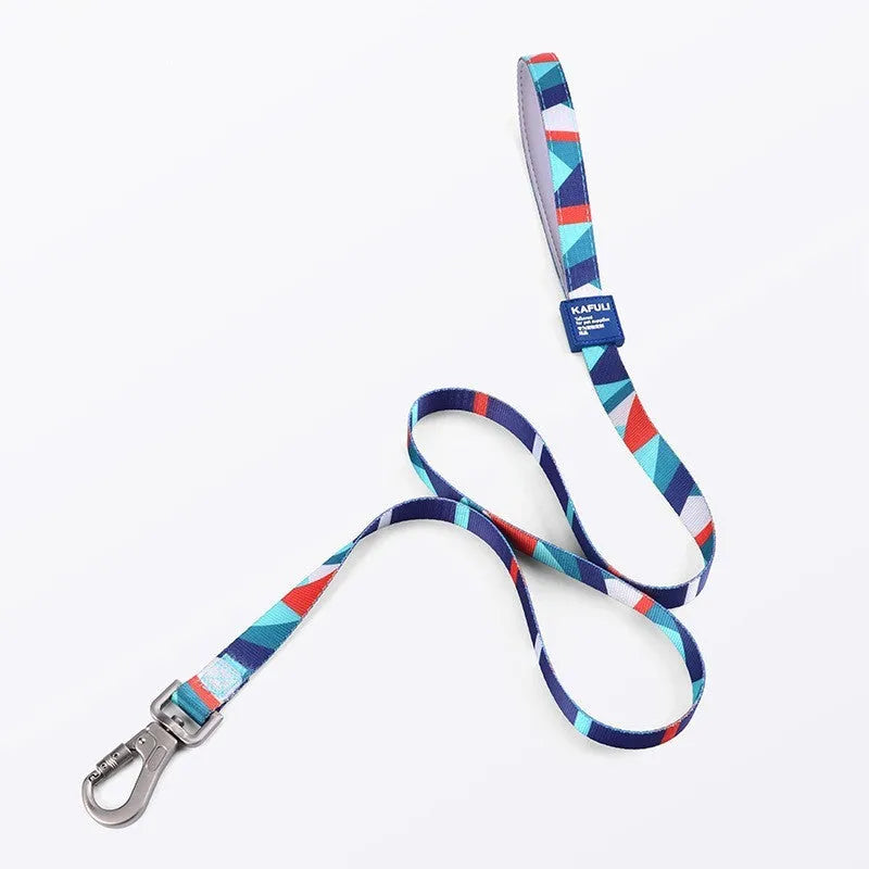 Blue polyester dog harness and retractable leash walking set shown on a dog