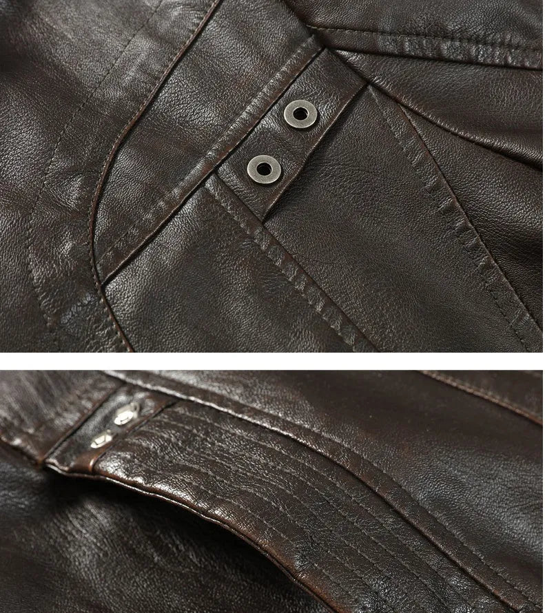 PU leather jacket in black, coffee, or khaki with washed finish, sizes L to 5XL