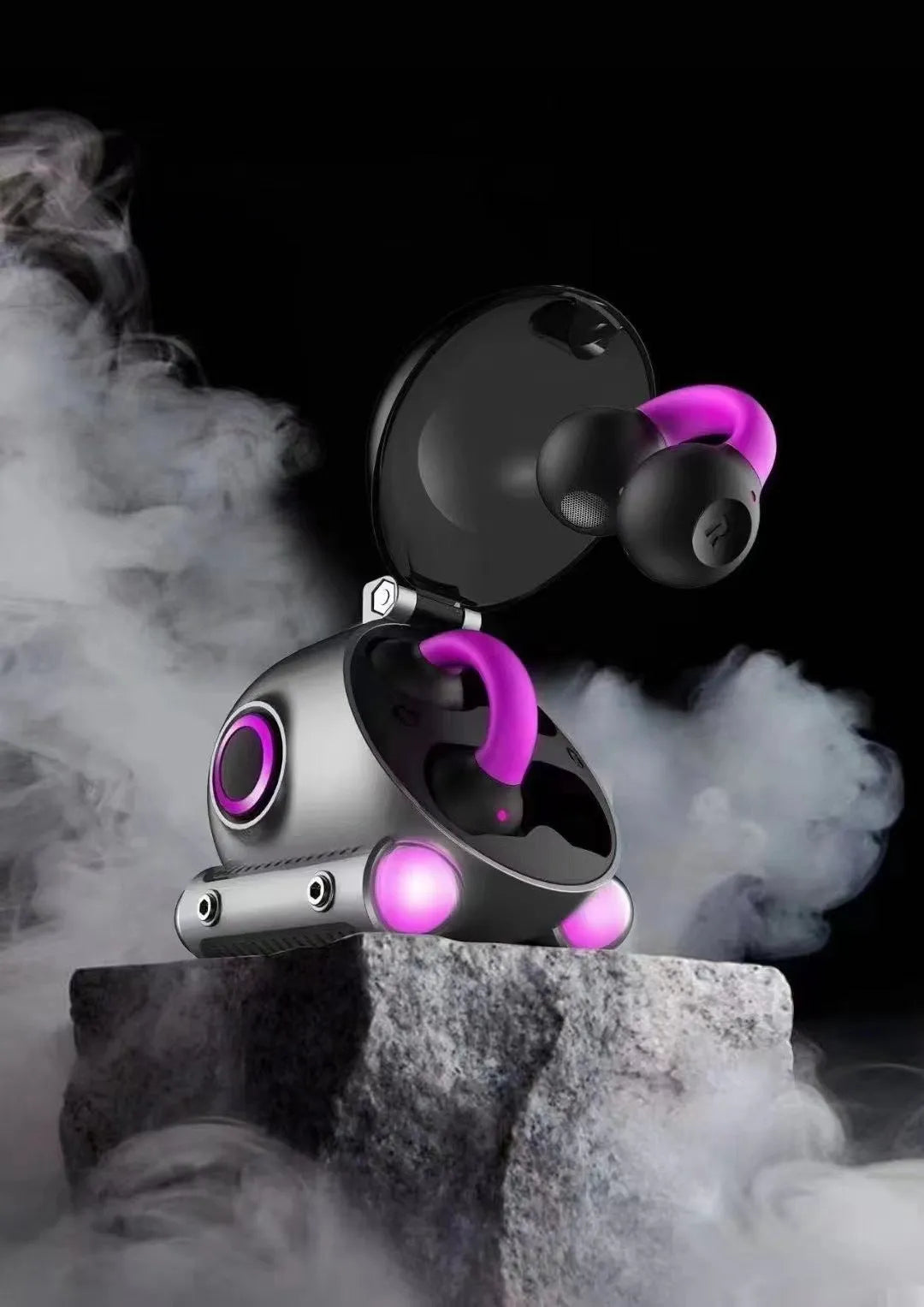 Black and white clip-type wireless Bluetooth sports headset showing compact design