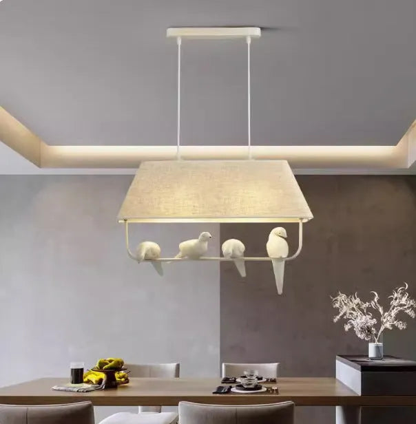 Iron droplight bird chandelier ceiling lamp with a decorative fabric shade featuring bird designs.