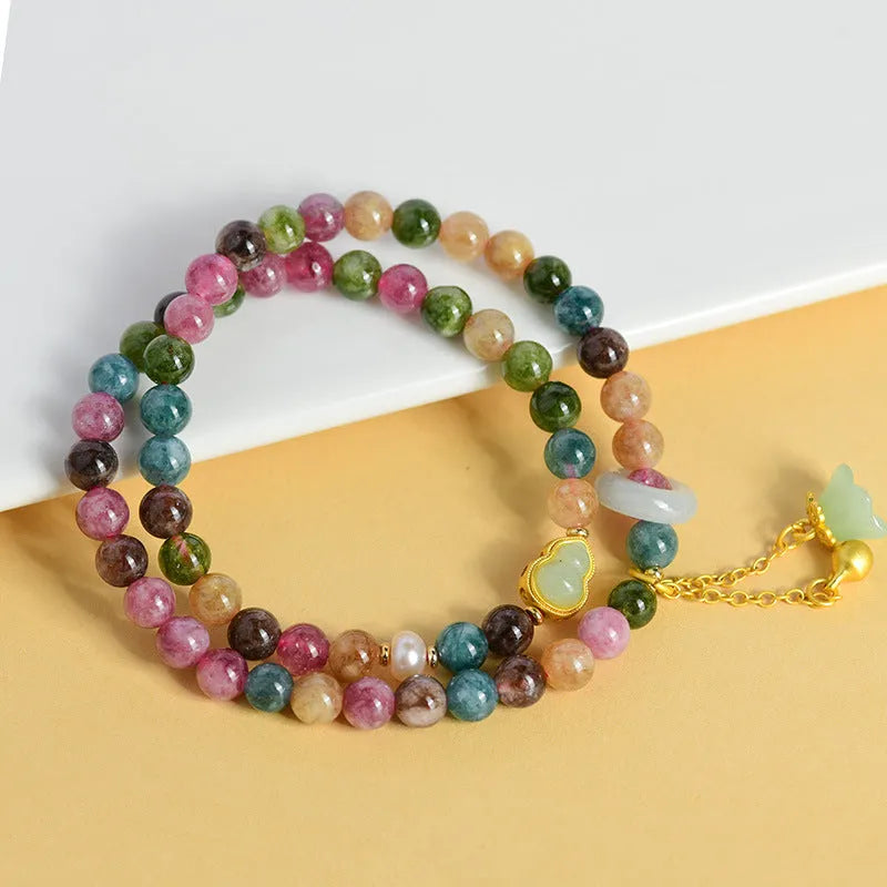 Natural chalcedony double circle bracelet with geometric beads in C118 colour.