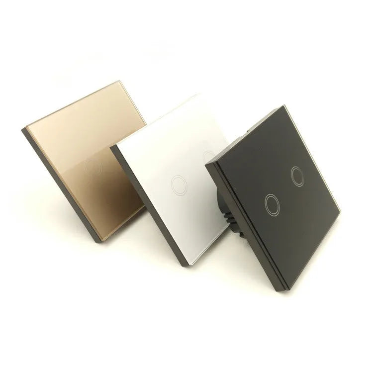 Touch switch with tempered glass panel for lighting control, 86mm square dimensions