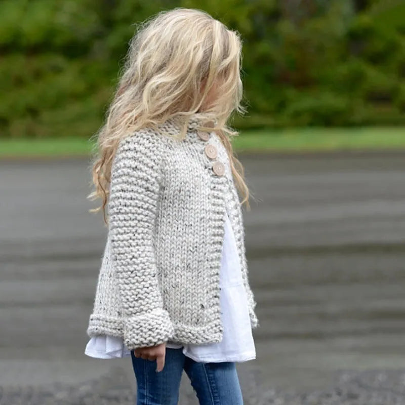 Beige girls cardigan sweater coat with single-breasted closure and long sleeves